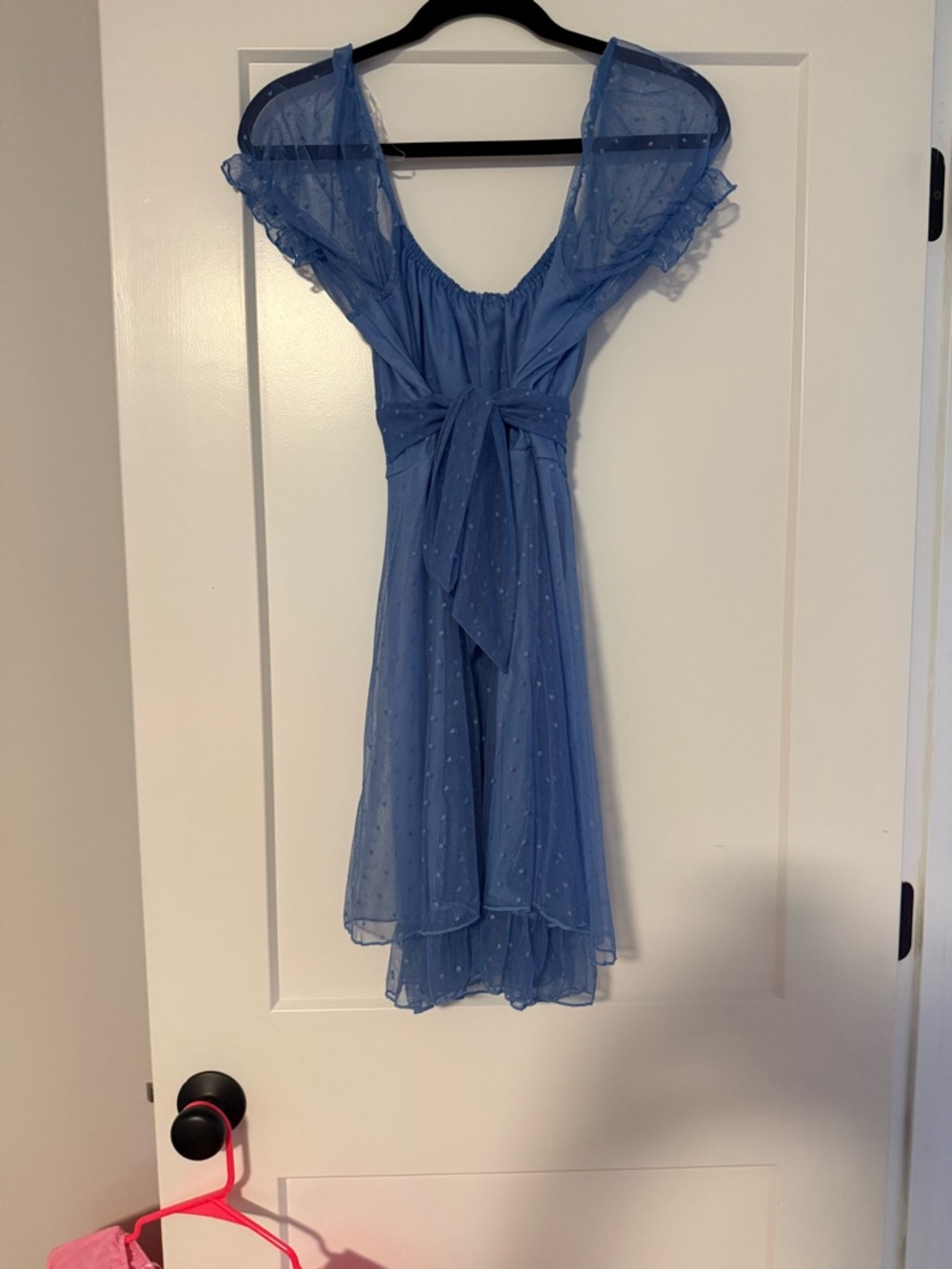 Blue Ruffle Sleeve Tie-Waist Dress